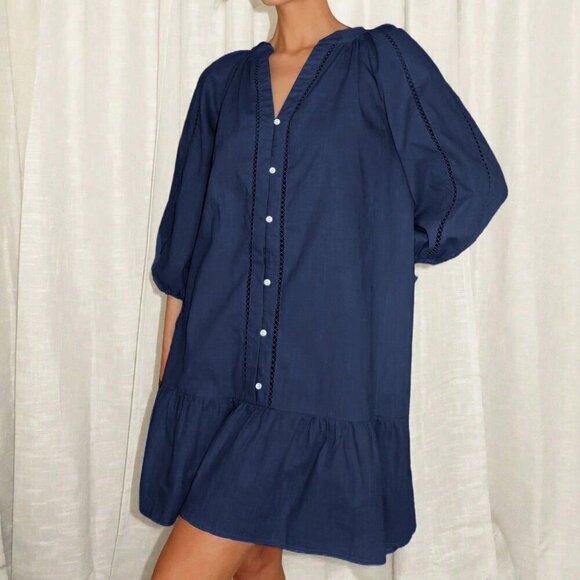 Navy Blue Cute Women's Linen Ruffle Hem Dress - Picture 4 of 4